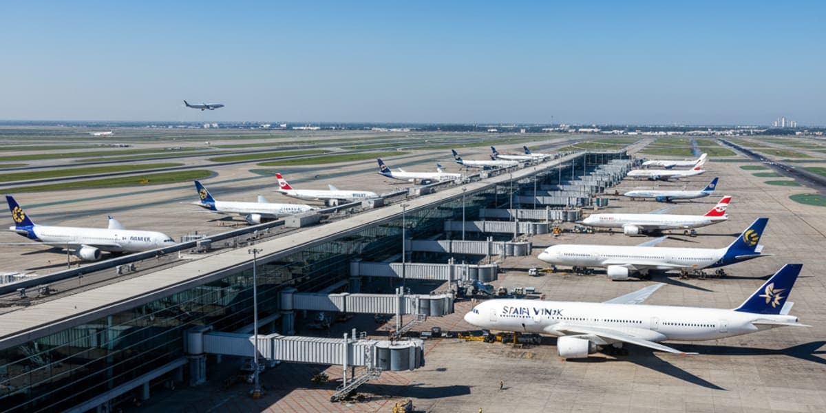 Aircraft parked at the gates of a busy airport apron